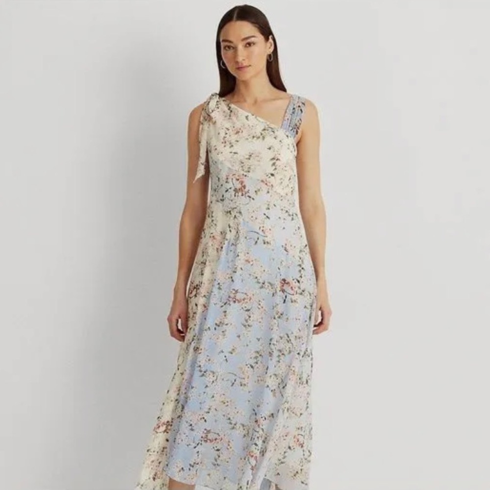 Lauren Ralph Lauren Floral Asymmetrical Hem Bow Georgette Dress in Blue Multi - Picture 3 of 6